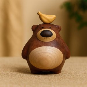 Hand-Carved Wooden Bear with Banana: Natural Wood Sculpture