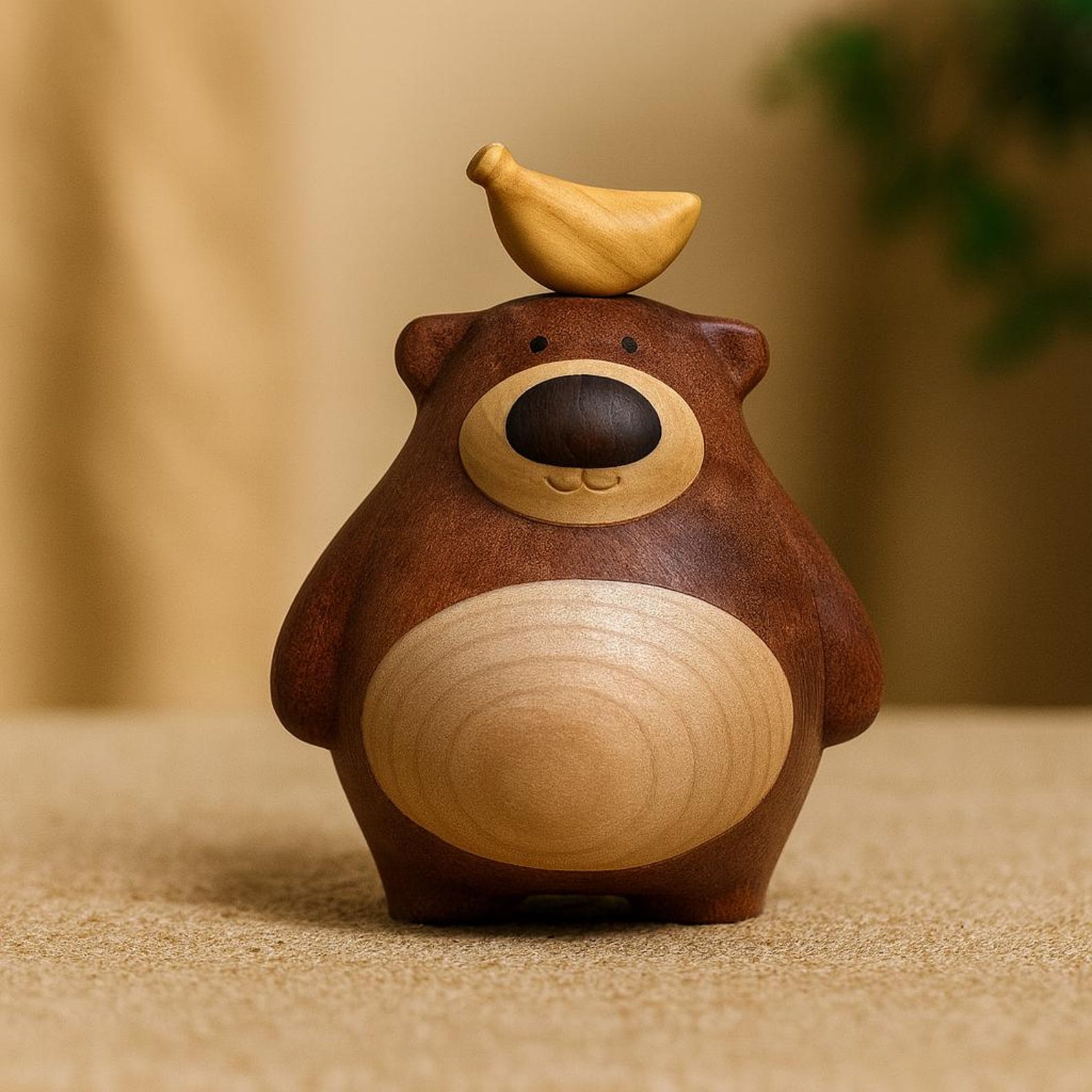 4387255305-img-1 Hand-Carved Wooden Bear with Banana: Natural Wood Sculpture