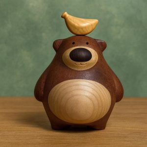 Hand-Carved Wooden Bear with Banana: Natural Wood Sculpture