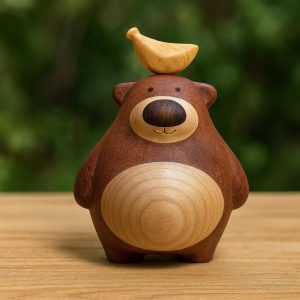 Hand-Carved Wooden Bear with Banana: Natural Wood Sculpture
