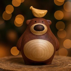 Hand-Carved Wooden Bear with Banana: Natural Wood Sculpture
