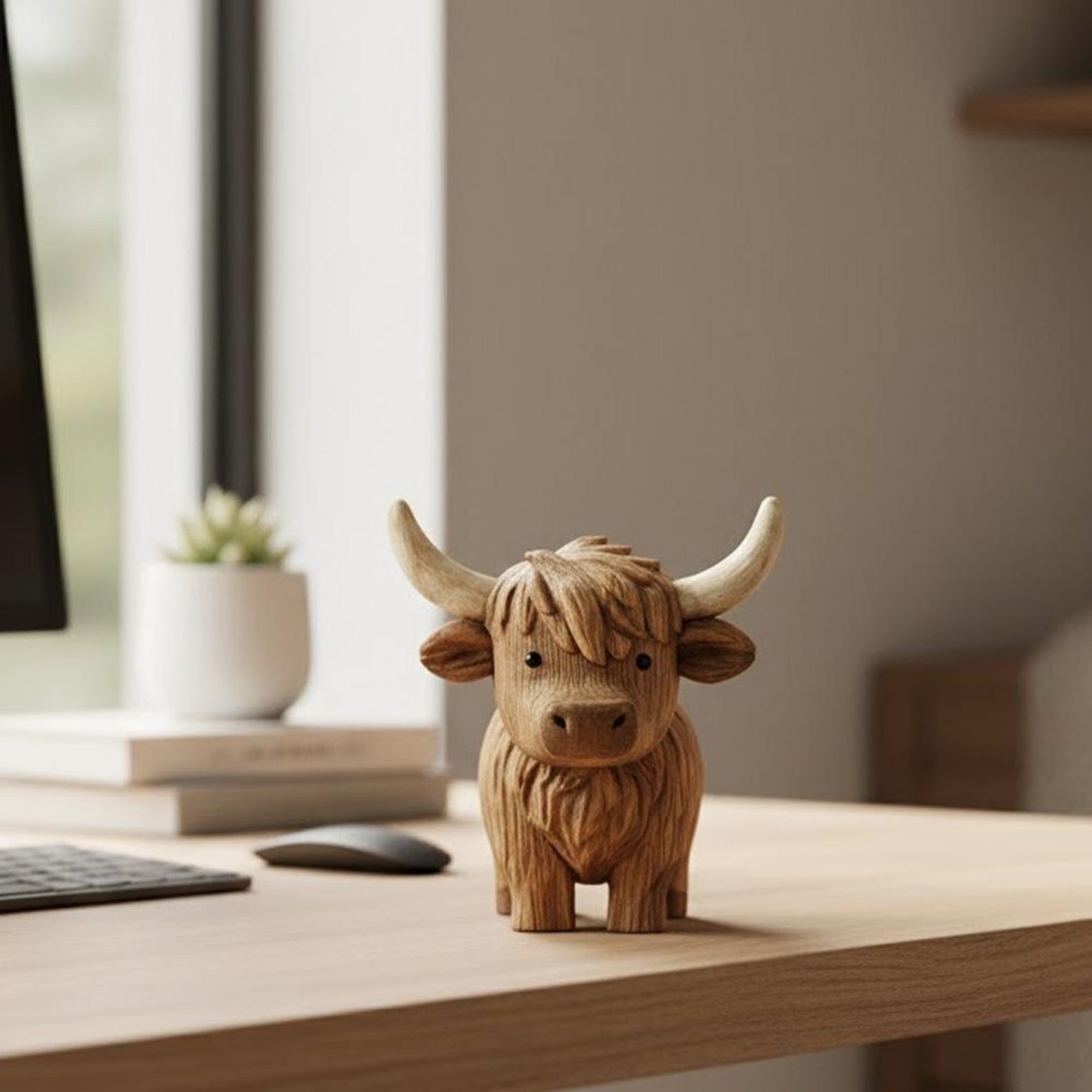 4322995334-img-2 Hand Carving Wooden Highland Cow Figurine Desk Decor Cute Wood Farm Animal Sculpture Handmade Gift Minimalist Bookshelf Office Ornament