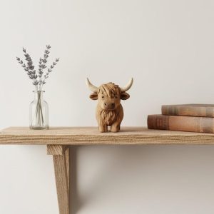 Hand Carving Wooden Highland Cow Figurine Desk Decor Cute Wood Farm Animal Sculpture Handmade Gift Minimalist Bookshelf Office Ornament