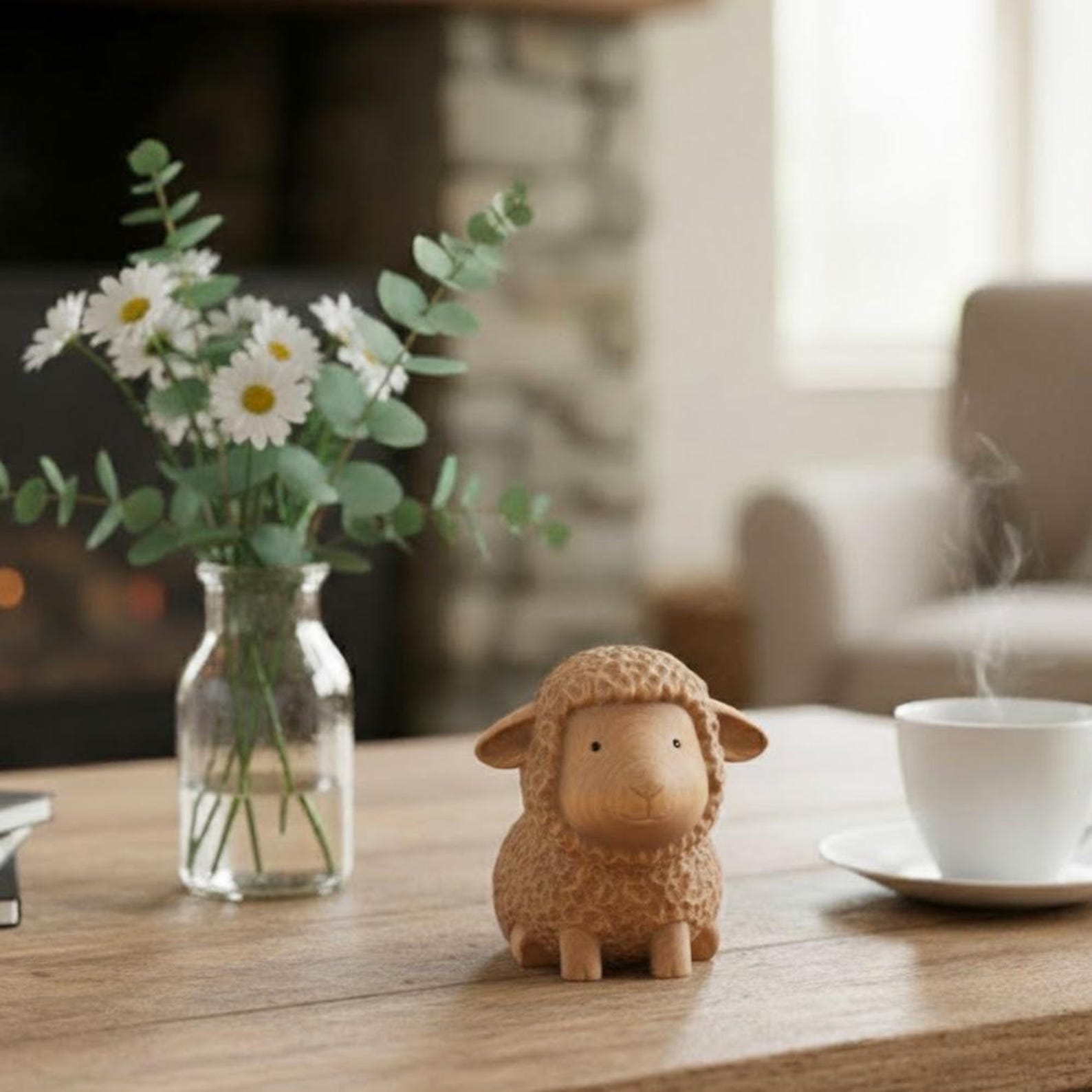 4399731083-img-2 Hand Carving Wooden Sheep Figurine Desk Decor Cute Wood Farm Animal Sculpture Handmade Gift Farmhouse Bookshelf Ornament Statue Decoration