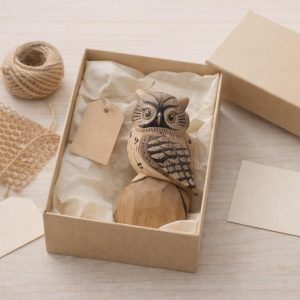 Wooden Owl Figurine Decor, Small Hand-Painted Look Owl Statue, Rustic Woodland Animal Ornament