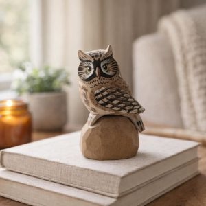 Wooden Owl Figurine Decor, Small Hand-Painted Look Owl Statue, Rustic Woodland Animal Ornament