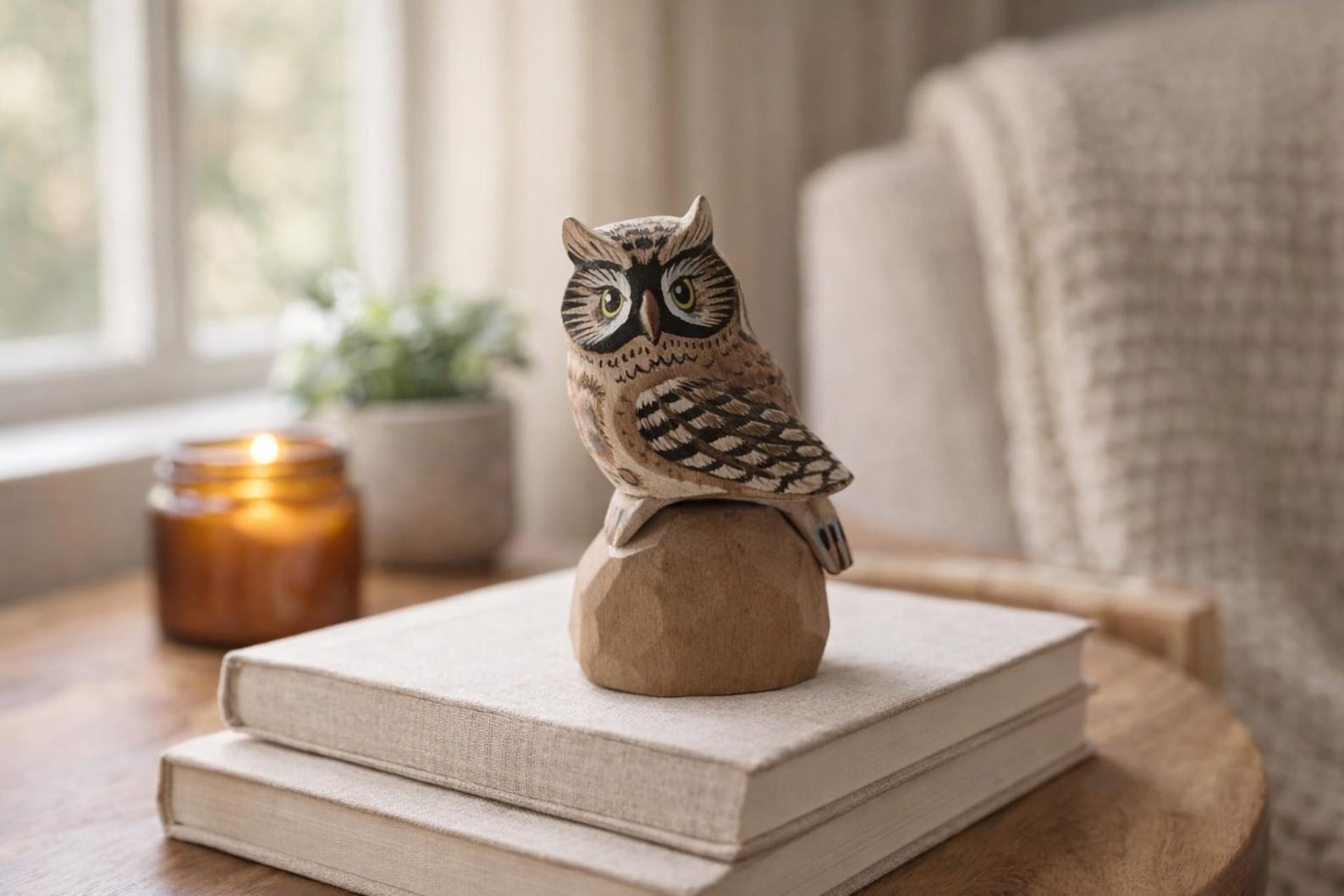 4432288035-img-2 Wooden Owl Figurine Decor, Small Hand-Painted Look Owl Statue, Rustic Woodland Animal Ornament