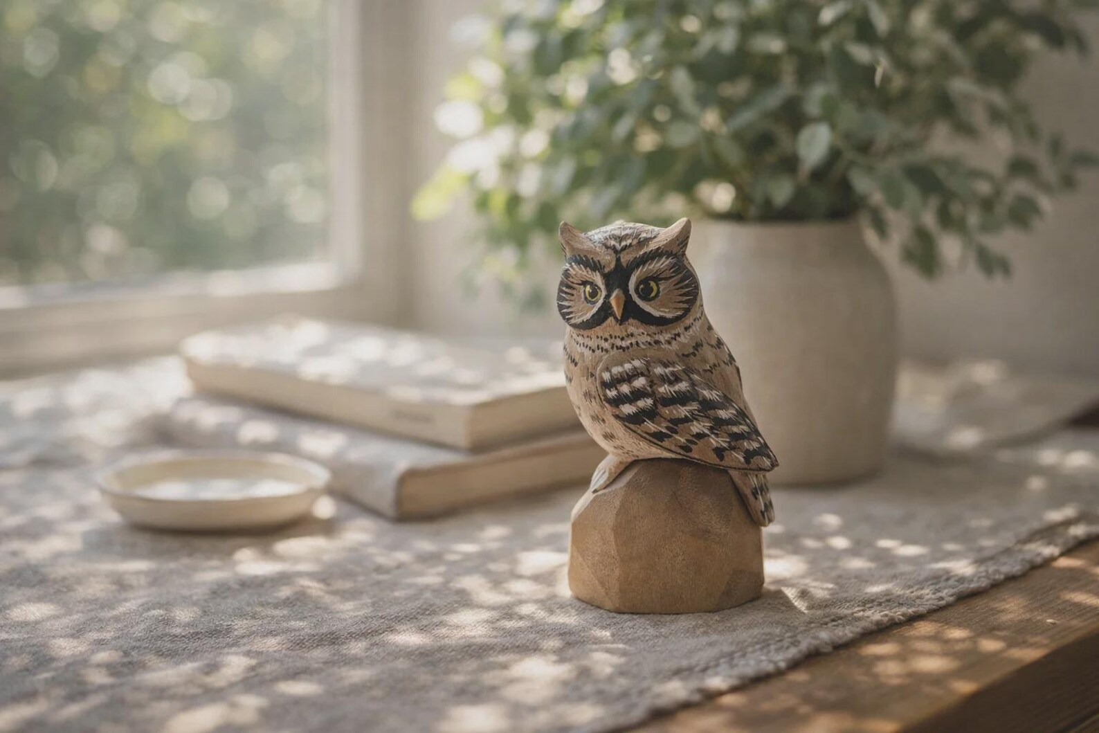 4432288035-img-1 Wooden Owl Figurine Decor, Small Hand-Painted Look Owl Statue, Rustic Woodland Animal Ornament