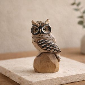 Wooden Owl Figurine Decor, Small Hand-Painted Look Owl Statue, Rustic Woodland Animal Ornament