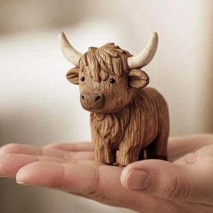 Hand Carving Wooden Highland Cow Figurine Desk Decor Cute Wood Farm Animal Sculpture Handmade Gift Minimalist Bookshelf Office Ornament