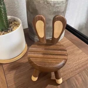 Kawaii Rabbit Stool Phone Stand, Wooden Desk Accessory