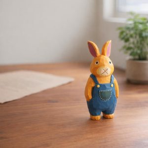 Wooden Bunny Figurine Hand Carved Rabbit Statue, Cute Animal Desk Decor, Woodland Bunny Ornament, Handmade Rabbit Sculpture