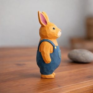Wooden Bunny Figurine Hand Carved Rabbit Statue, Cute Animal Desk Decor, Woodland Bunny Ornament, Handmade Rabbit Sculpture