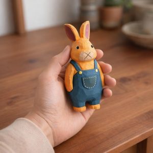 Wooden Bunny Figurine Hand Carved Rabbit Statue, Cute Animal Desk Decor, Woodland Bunny Ornament, Handmade Rabbit Sculpture