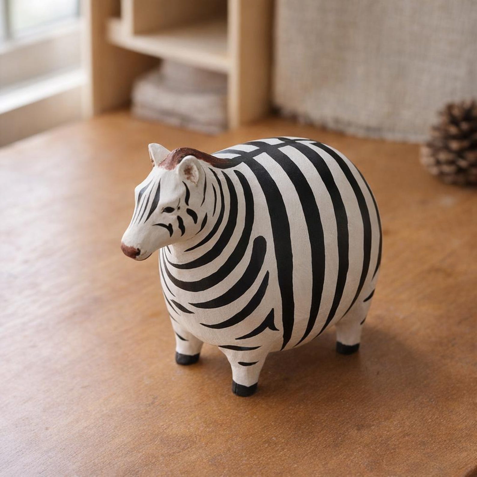 4464214398-img-1 Hand Carved Fat Zebra Figurine Wooden Animal Statue | Mini Safari Decor Shelf Ornament Gift