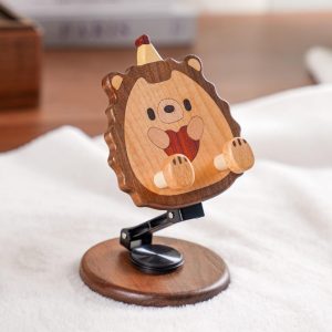 Handmade Wooden Animal Phone Stand - Adjustable Walnut Cell Phone Holder - Cute Penguin Sheep Hedgehog Desk Decor - Unique Animal Lover Gift