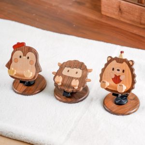 Handmade Wooden Animal Phone Stand - Adjustable Walnut Cell Phone Holder - Cute Penguin Sheep Hedgehog Desk Decor - Unique Animal Lover Gift