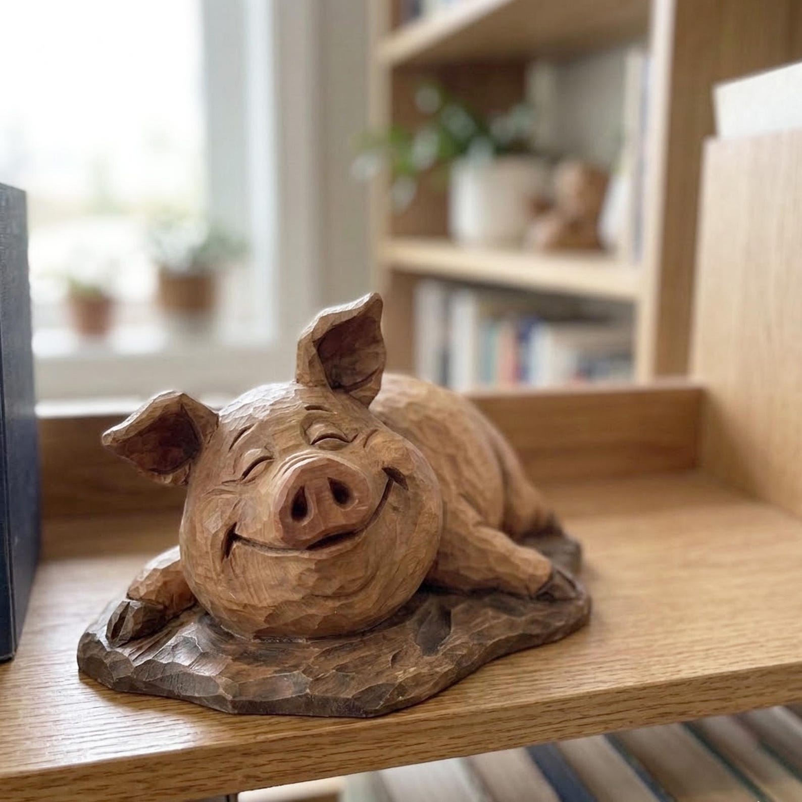 4470696868-img-4 Hand Carving Wooden Cute Pig Figurine Handcrafted Desk Bookshelf Decor Statue Wood Sculpture Handmade Farm Animal Pet Lover Ornament Gift