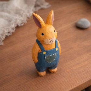 Wooden Bunny Figurine Hand Carved Rabbit Statue, Cute Animal Desk Decor, Woodland Bunny Ornament, Handmade Rabbit Sculpture